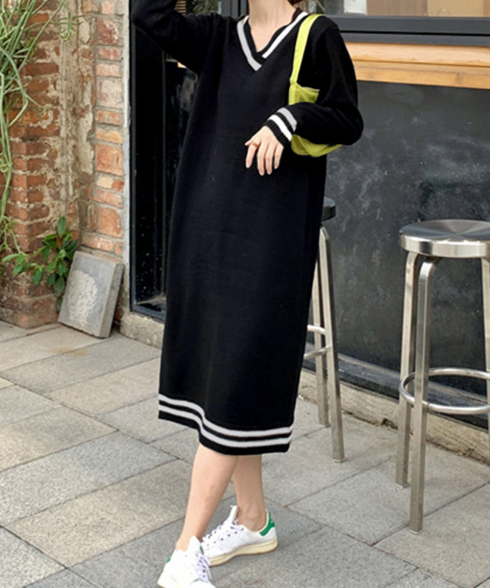 ニットワンピース ロング レディース秋冬 Vネック ワンピース おしゃれ 長袖ワンピース 体型カバー 着やせ きれいめカジュアル ゆったり Iラインワンピース韓国 3BIJIN-001