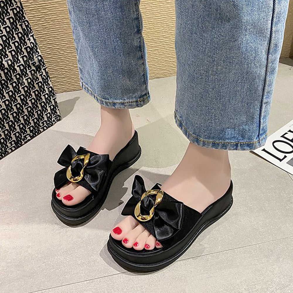 厚底サンダル 蝶結び レディース 夏靴 ブラック