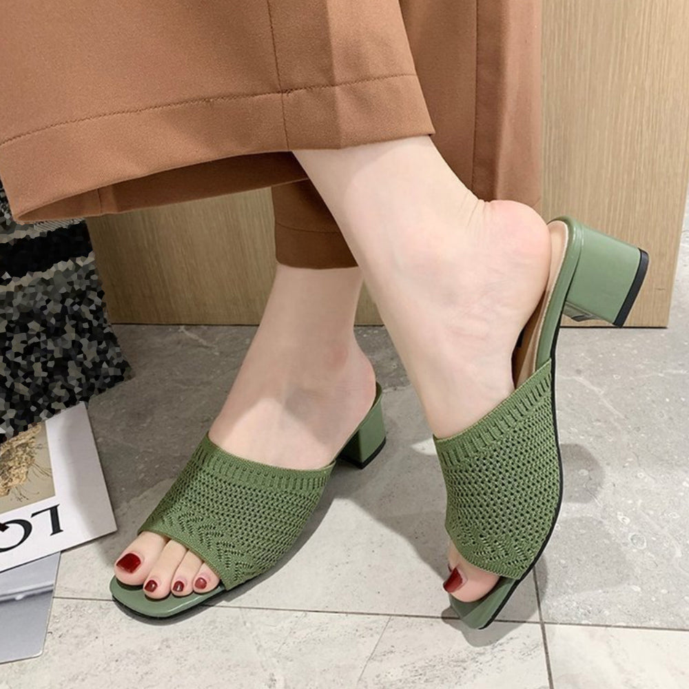 ミュールサンダル チャンキーヒール 美脚 グリーン
