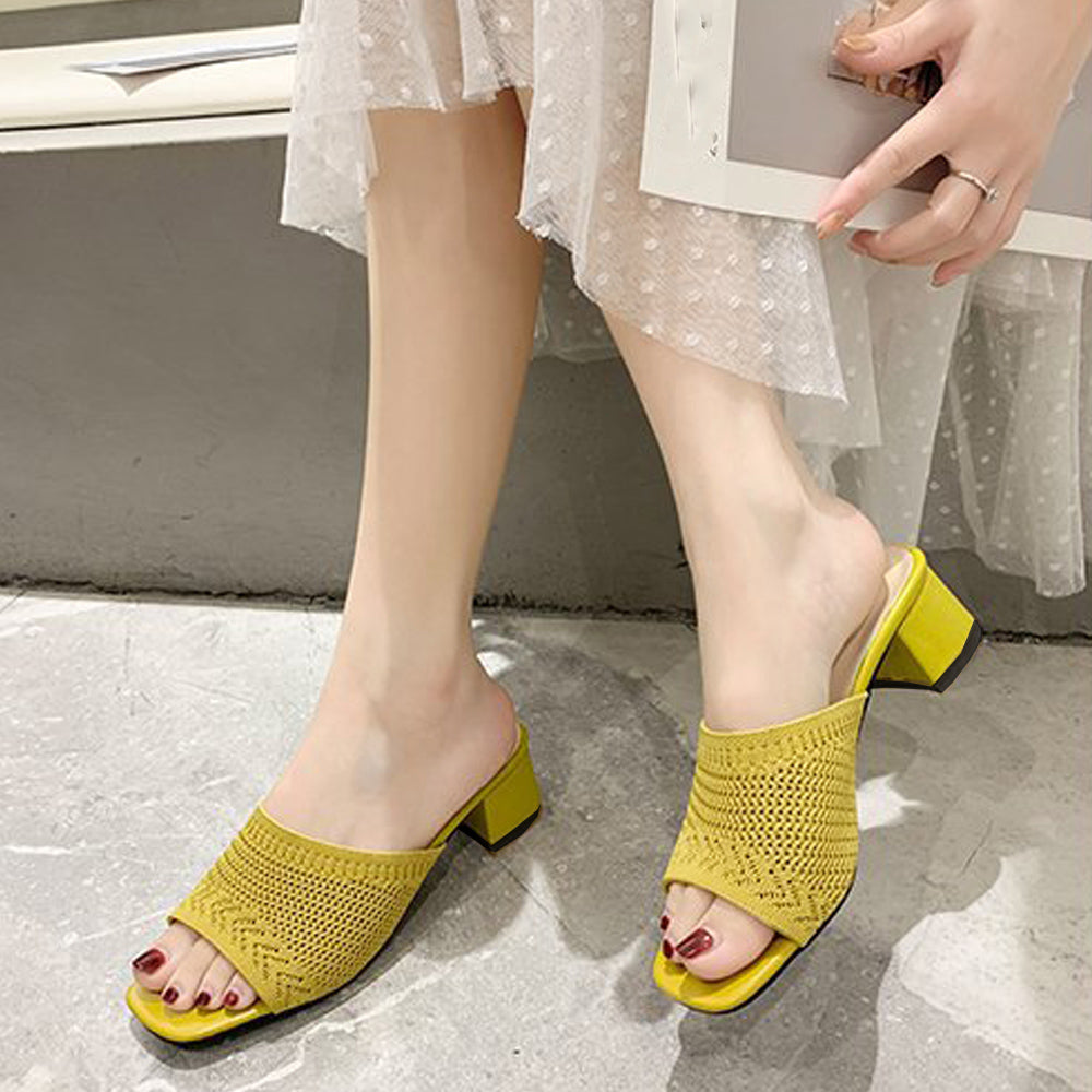 ミュールサンダル チャンキーヒール 美脚 イエロー