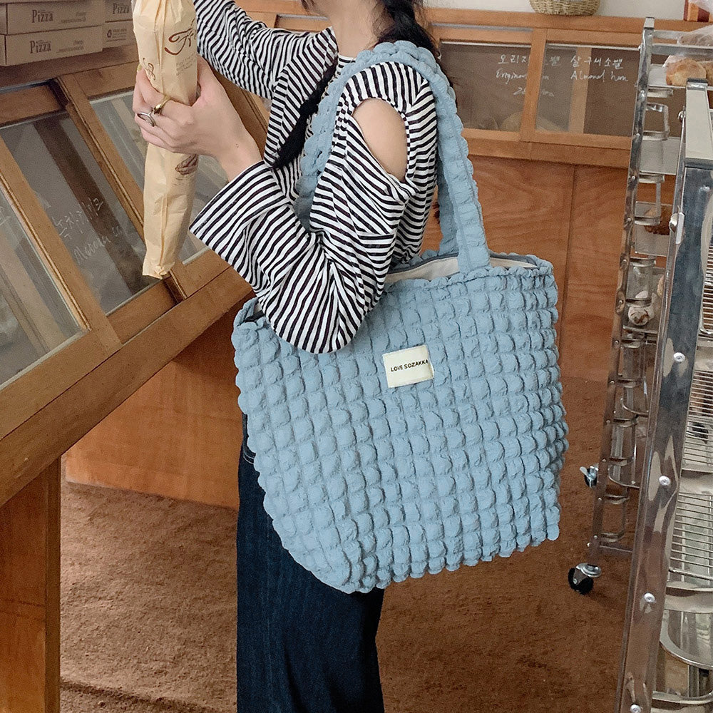 ぽこぽこトートバッグ ワッフル風バッグ くすみブルー