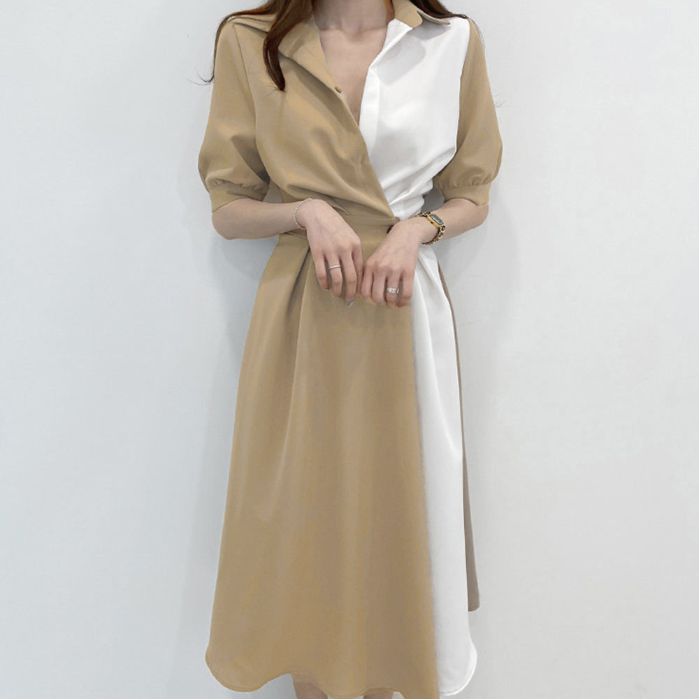 シャツワンピース ロング レディース韓国 ダークベージュ
