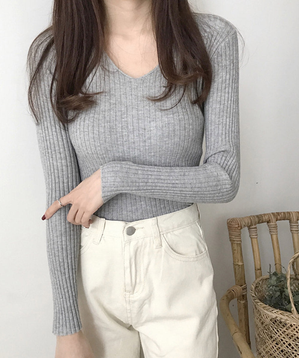 タイト リブニット vネック きれいめ タイト リブニット vネック きれいめ ニット トップス レディース 長袖 シンプル おしゃれ 3YIMEILI-001