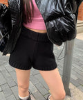 ショートニットパンツ 暖かい短パン 春秋 ブラック