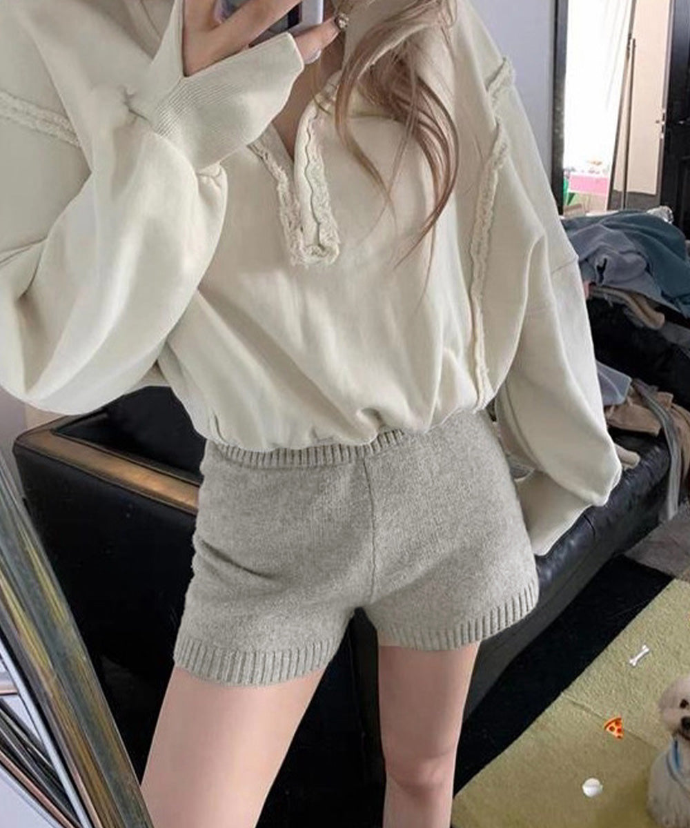 ショートニットパンツ 暖かい短パン 春秋 ライトグレー