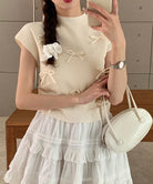 リボン付きリブニット プチハイネック夏服 ベージュ