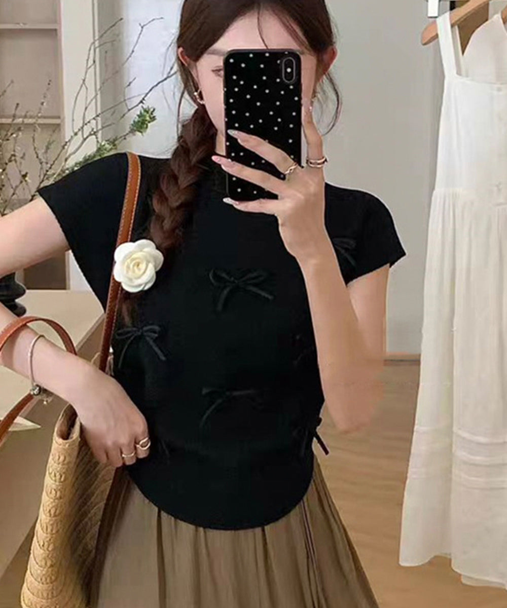リボン付きリブニット プチハイネック夏服 ブラック
