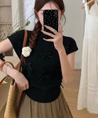 リボン付きリブニット プチハイネック夏服 ブラック