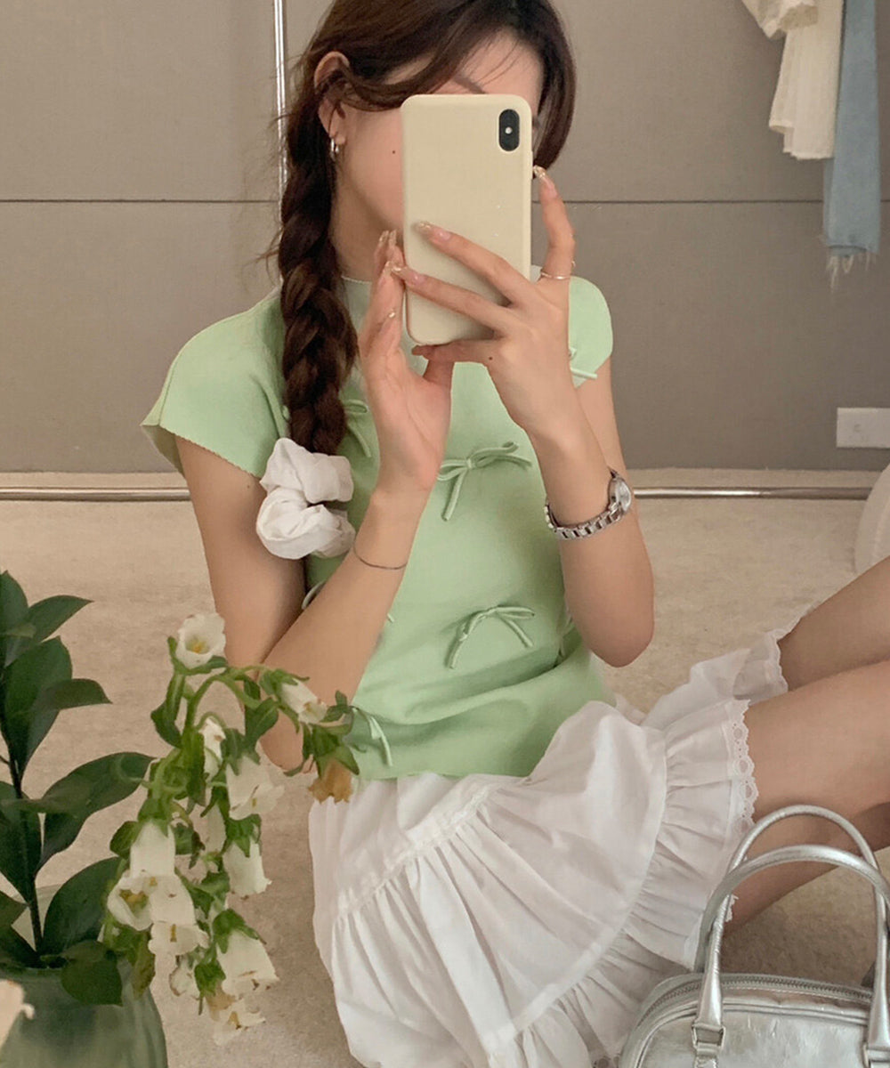 リボン付きリブニット プチハイネック夏服 ライトグリーン