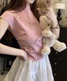 リボン付きリブニット プチハイネック夏服 ピンク
