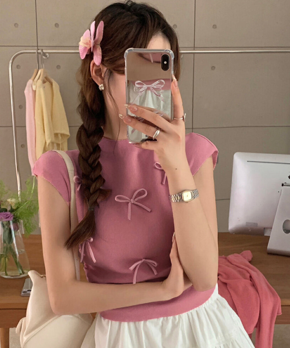 リボン付きリブニット プチハイネック夏服 ローズ