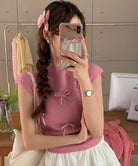 リボン付きリブニット プチハイネック夏服 ローズ