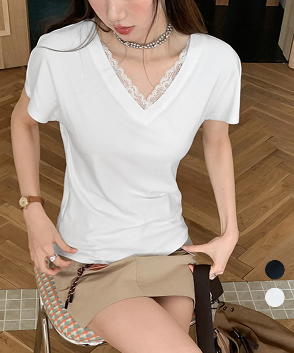 VネックTシャツ春夏 半袖トップス韓国風 詳細画像1