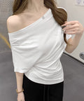 オフショルダーカットソー サイドギャザー ワンショルダーtシャツ レディース  ボートネック 肩見せTシャツ 薄手夏t 大人カジュアル 半袖夏服 ボーダーtシャツ 6CCFS-002