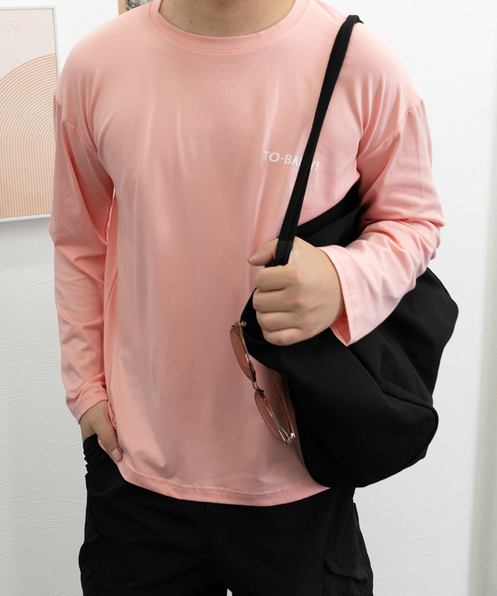 メンズtシャツ 長袖 ロンTクールネック ピンク