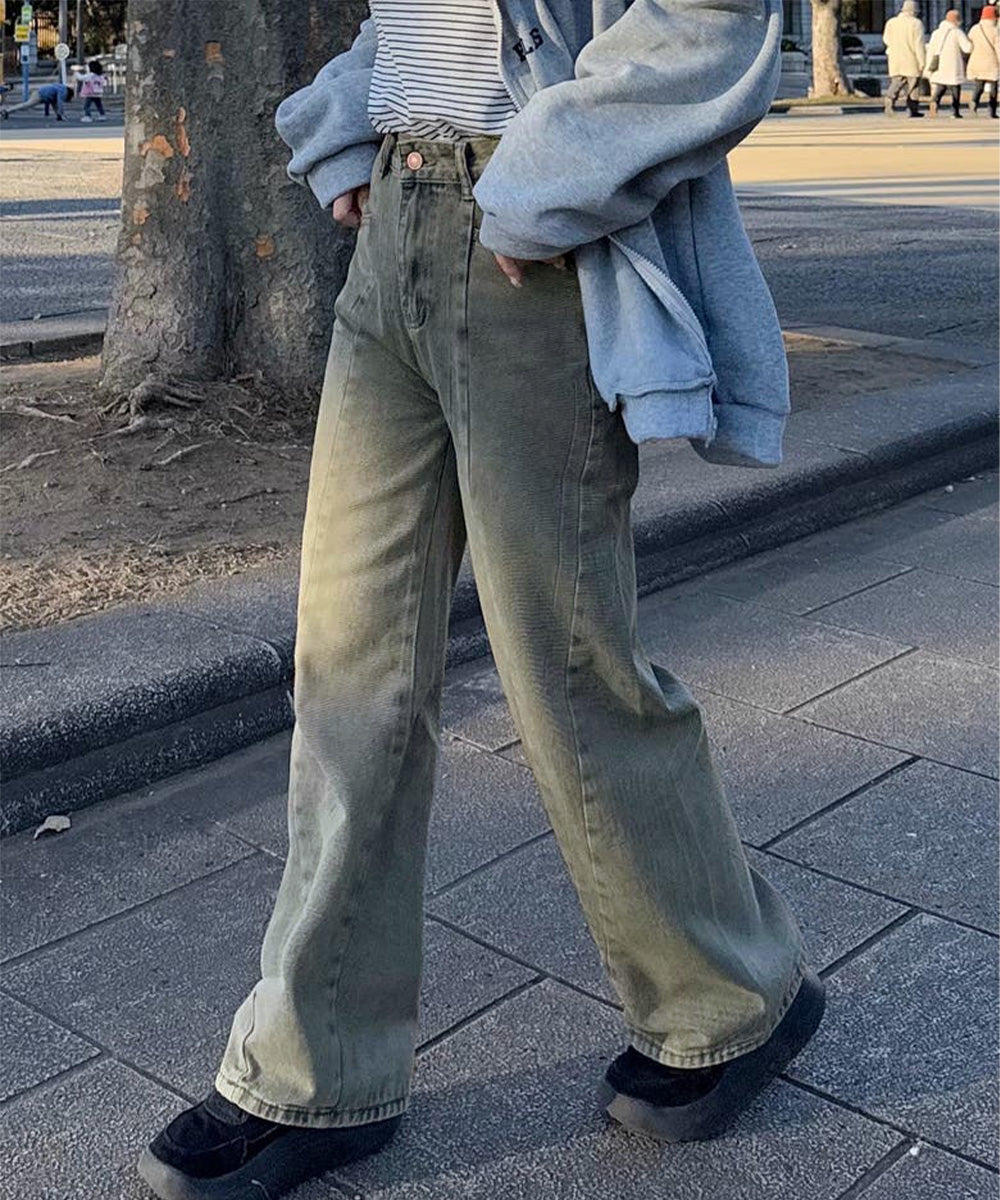 ヴィンテージ風ワイドデニムパンツ美脚 ブルー（ヴィンテージ風）