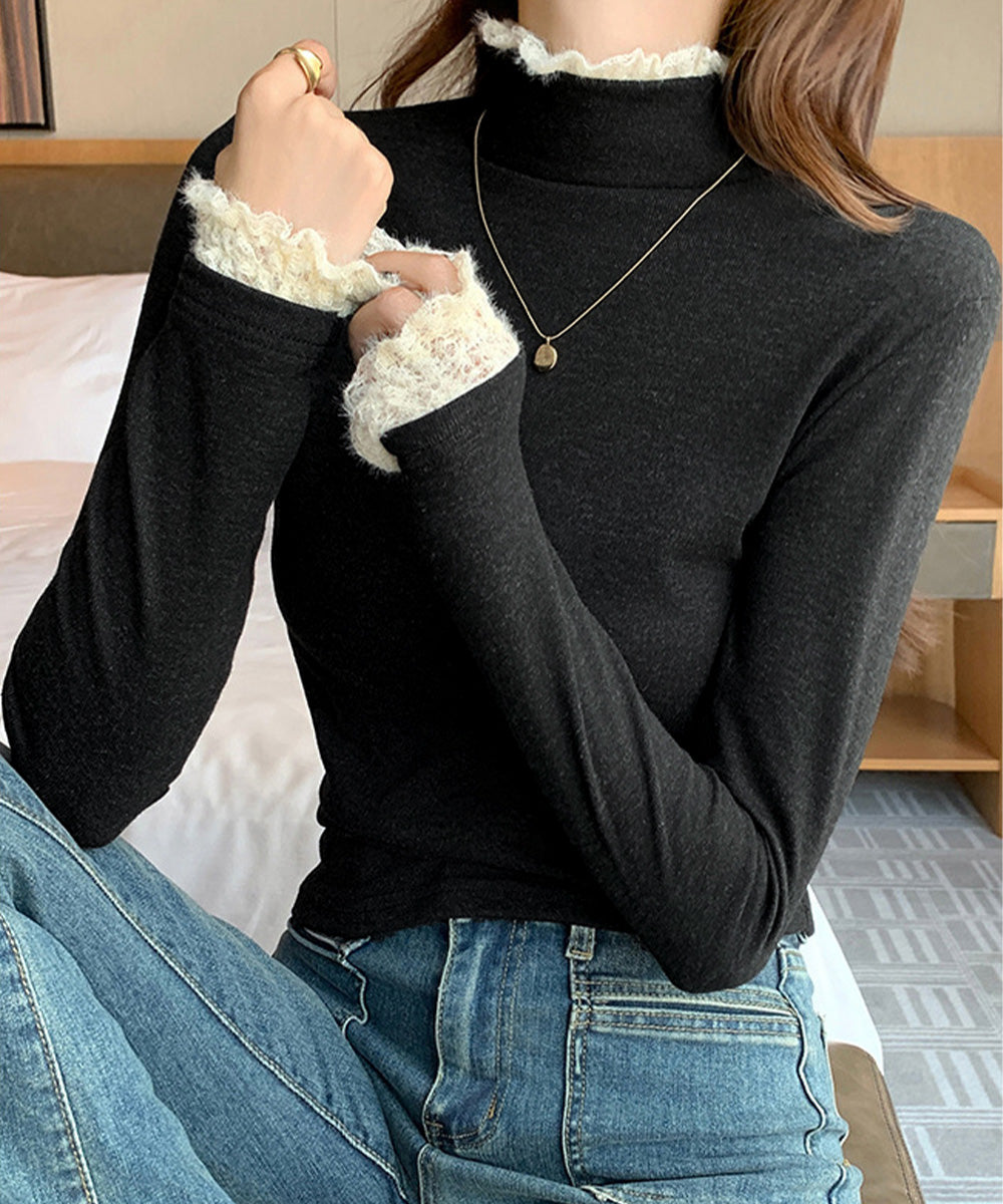 レースフリル付きハイネックリブニットソー きれいめドッキングニット大人可愛い 切替ニットトップスレディース シンプルニットお洒落 メロウフリルインナートップス長袖 6MOUHE-001