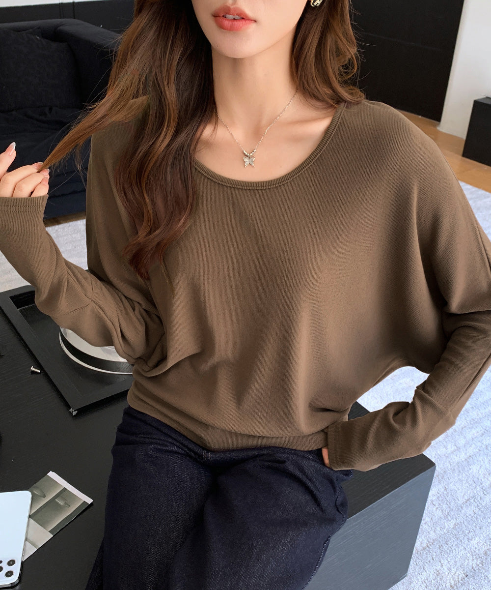 ドルマンスリーブTシャツ 長袖カットソー ゆったりトップス無地 レディースシンプルプルオーバー 大人カジュアル 韓国風デイリー リラックス春秋冬服体型カバー着やせ 6MOUHE-002