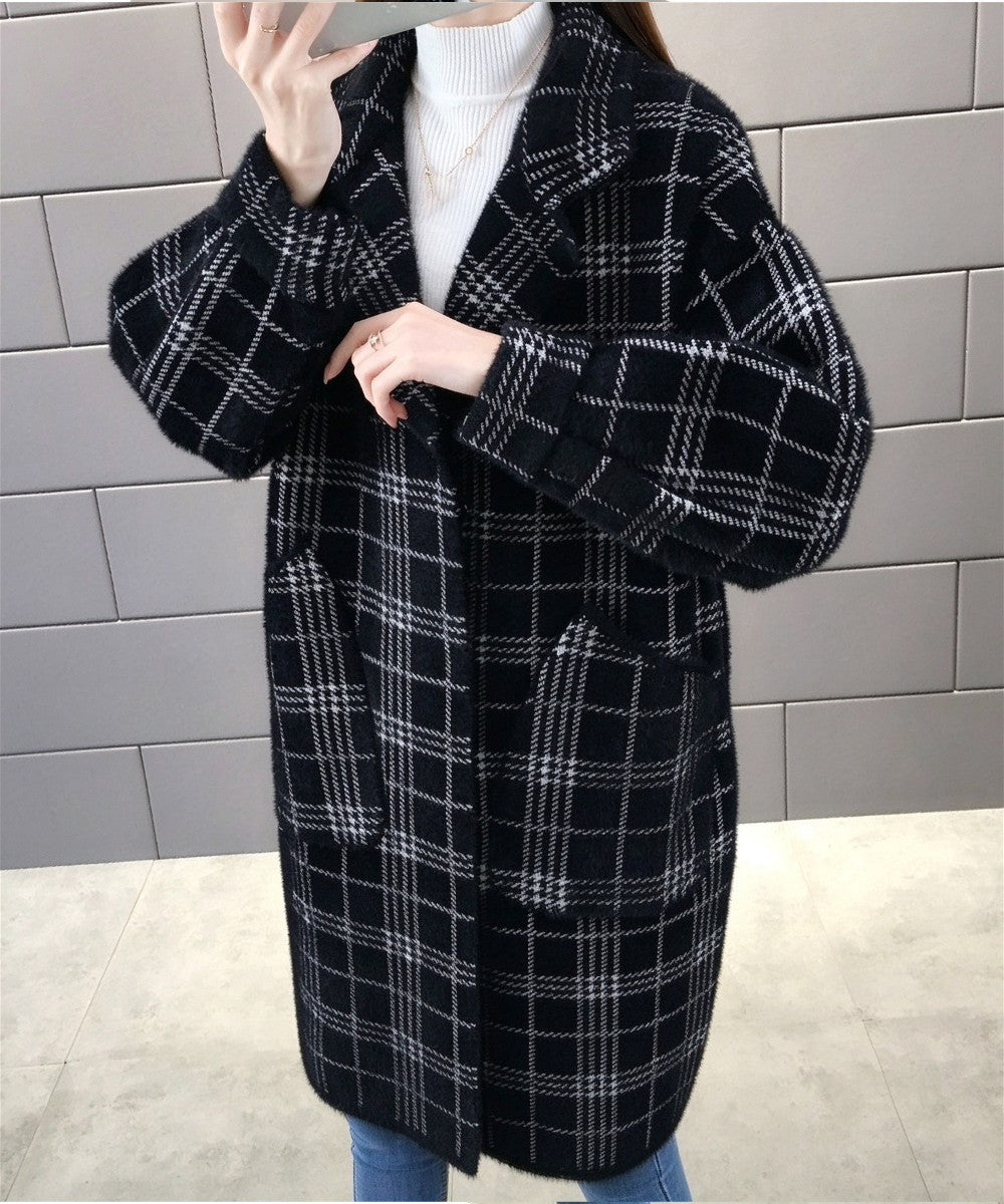 チェック柄シャギーロングチェスターコート ブラック