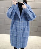 チェック柄シャギーロングチェスターコート ブルー