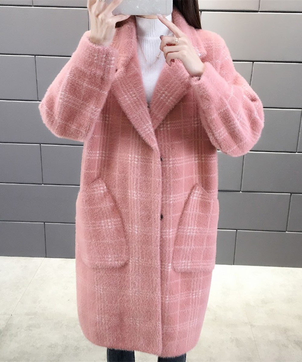 チェック柄シャギーロングチェスターコート ピンク
