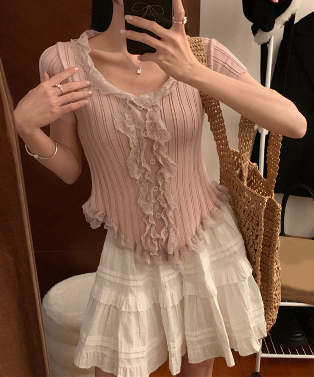 レースフリルニットトップスショート丈夏服 サマーニットレディース ラッフルレースニットソー 甘めコーデ お洒落 コンパクト タイトニット 半袖ニットTシャツ韓国風 6SENZHU-001