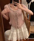 レースフリルニットトップスショート丈夏服 サマーニットレディース ラッフルレースニットソー 甘めコーデ お洒落 コンパクト タイトニット 半袖ニットTシャツ韓国風 6SENZHU-001