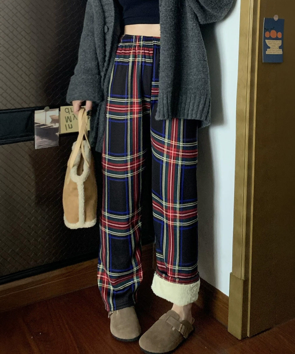 裏起毛チェック柄パンツ 裏ボアパンツ防寒 ロングパンツ レディース ハイウエスト あったか ボトムス カジュアル ストレートパンツ 厚手リラックスパンツ 秋冬美脚 6SHANXU-001