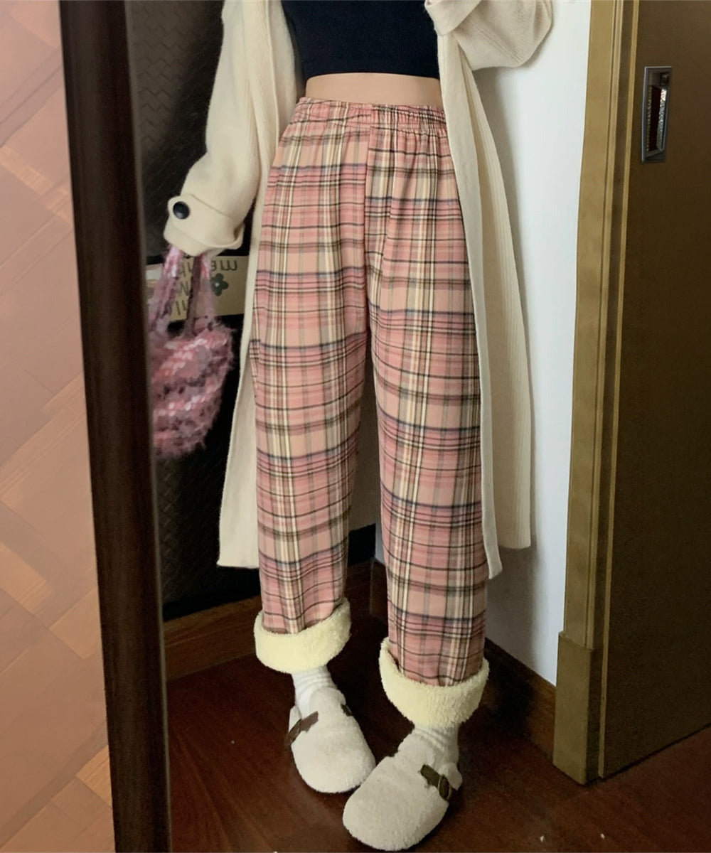 裏起毛チェック柄パンツ 裏ボアパンツ防寒 ロングパンツ レディース ハイウエスト あったか ボトムス カジュアル ストレートパンツ 厚手リラックスパンツ 秋冬美脚 6SHANXU-001