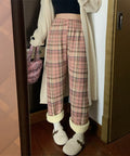 裏起毛チェック柄パンツ 裏ボアパンツ防寒 ロングパンツ レディース ハイウエスト あったか ボトムス カジュアル ストレートパンツ 厚手リラックスパンツ 秋冬美脚 6SHANXU-001