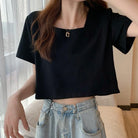 ショート丈Tシャツ レディース 半袖韓国 ブラック
