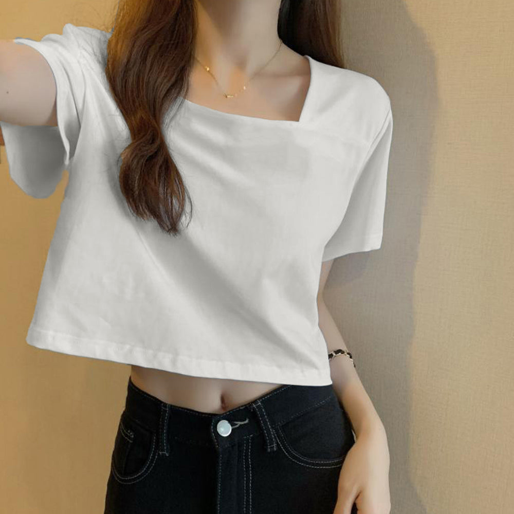 ショート丈Tシャツ レディース 半袖韓国 ホワイト