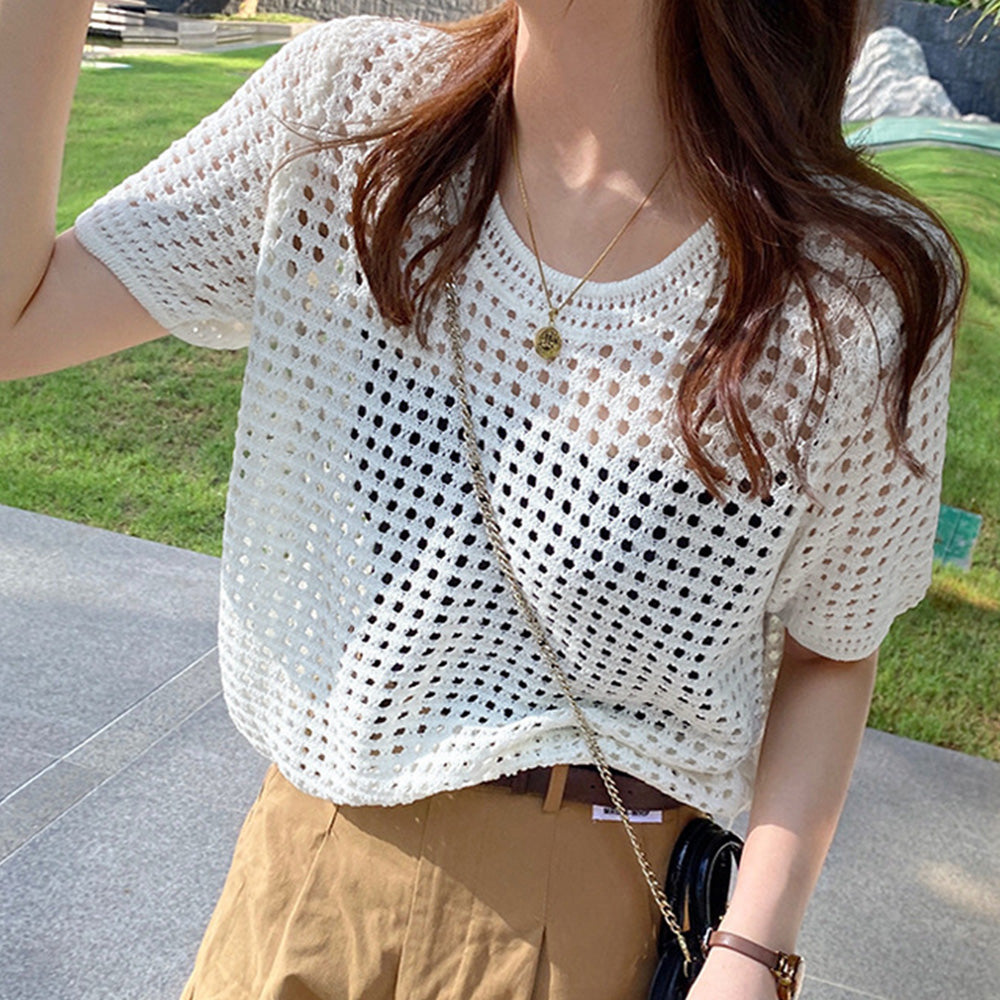 メッシュサマーニット レディース半袖夏服 ホワイト