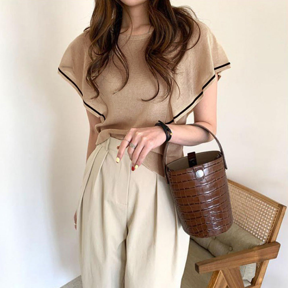 ラッフルスリーブ サマーニット 韓国夏服 ダークベージュ