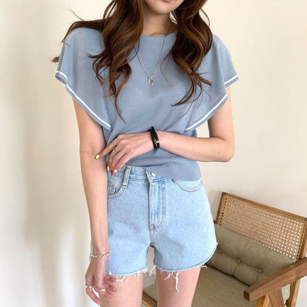 ラッフルスリーブ サマーニット 韓国夏服 スモーキーブルー