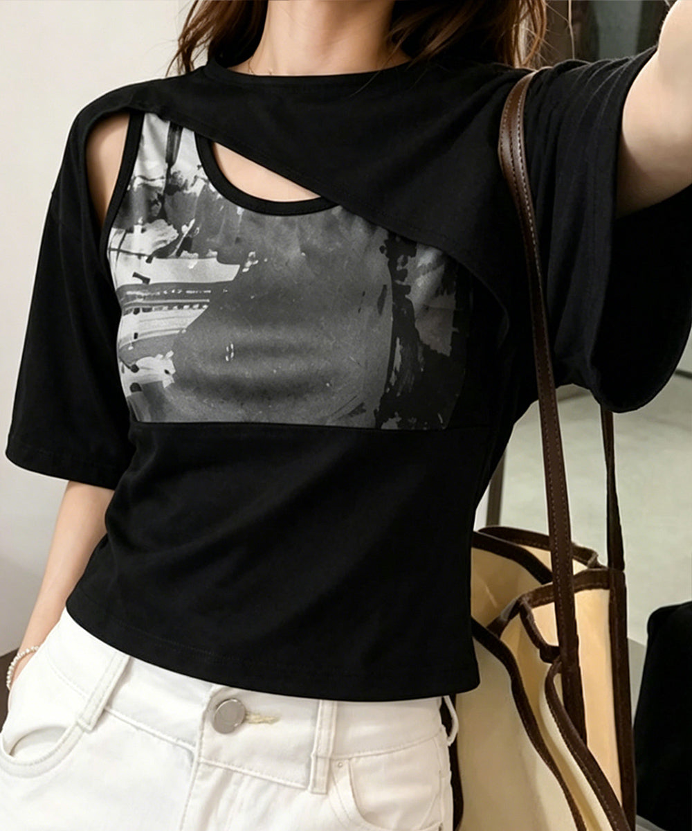 レイヤードタンク付きTシャツカットアウト アシンメトリーTシャツ タンクトップ2点セット レディース Y2Kレイヤードトップスクロップド丈 半袖カットソー 韓国風 6YIXIU-001