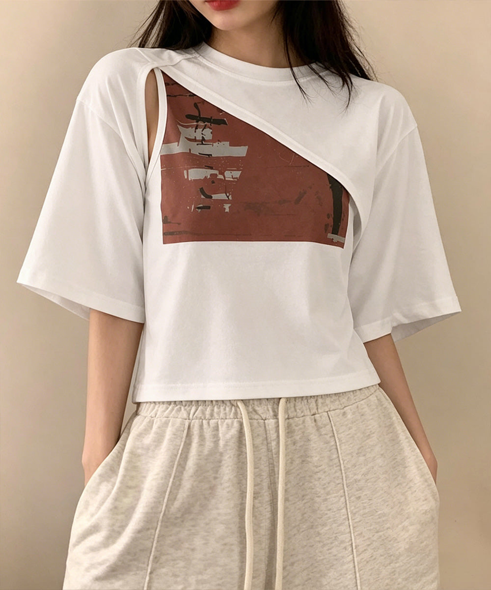 レイヤードタンク付きTシャツカットアウト アシンメトリーTシャツ タンクトップ2点セット レディース Y2Kレイヤードトップスクロップド丈 半袖カットソー 韓国風 6YIXIU-001