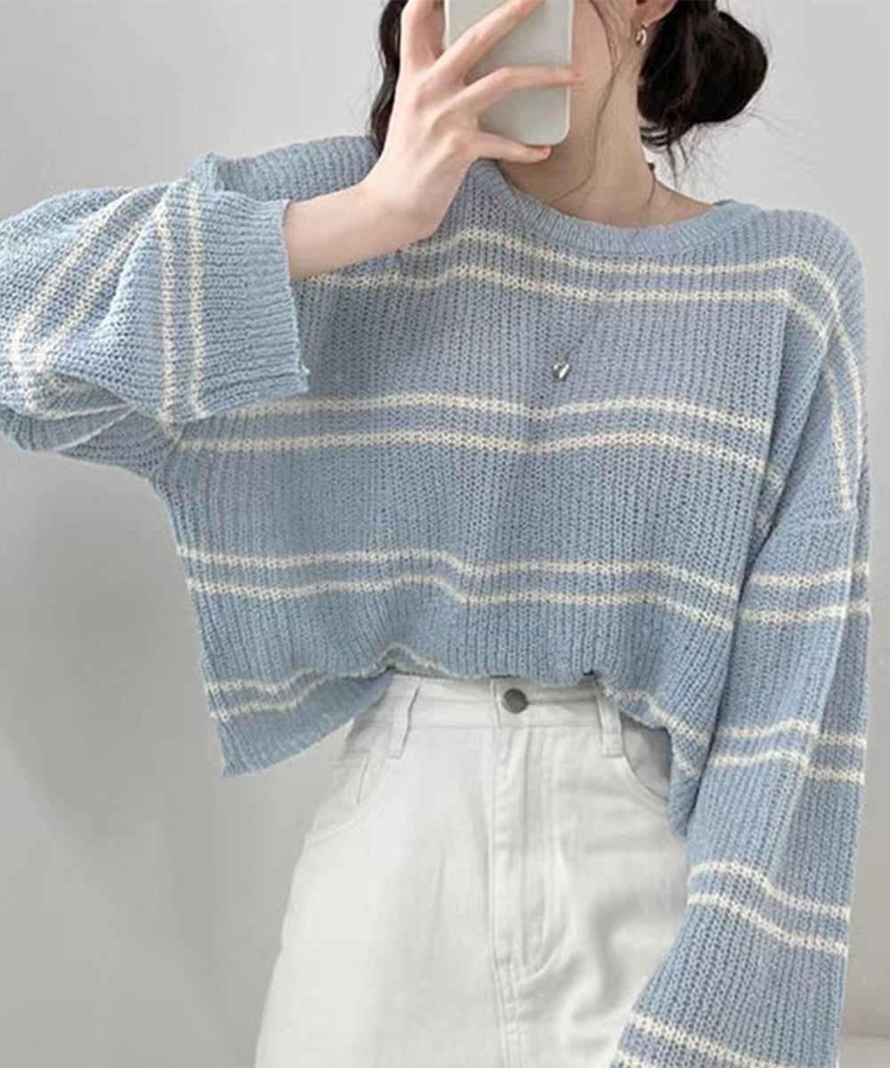 透かし編み ニットトップス ボーダー夏服 ブルー