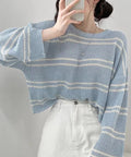 透かし編み ニットトップス ボーダー夏服 ブルー