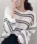 透かし編み ニットトップス ボーダー夏服 ホワイト