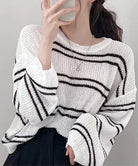 透かし編み ニットトップス ボーダー夏服 ホワイト