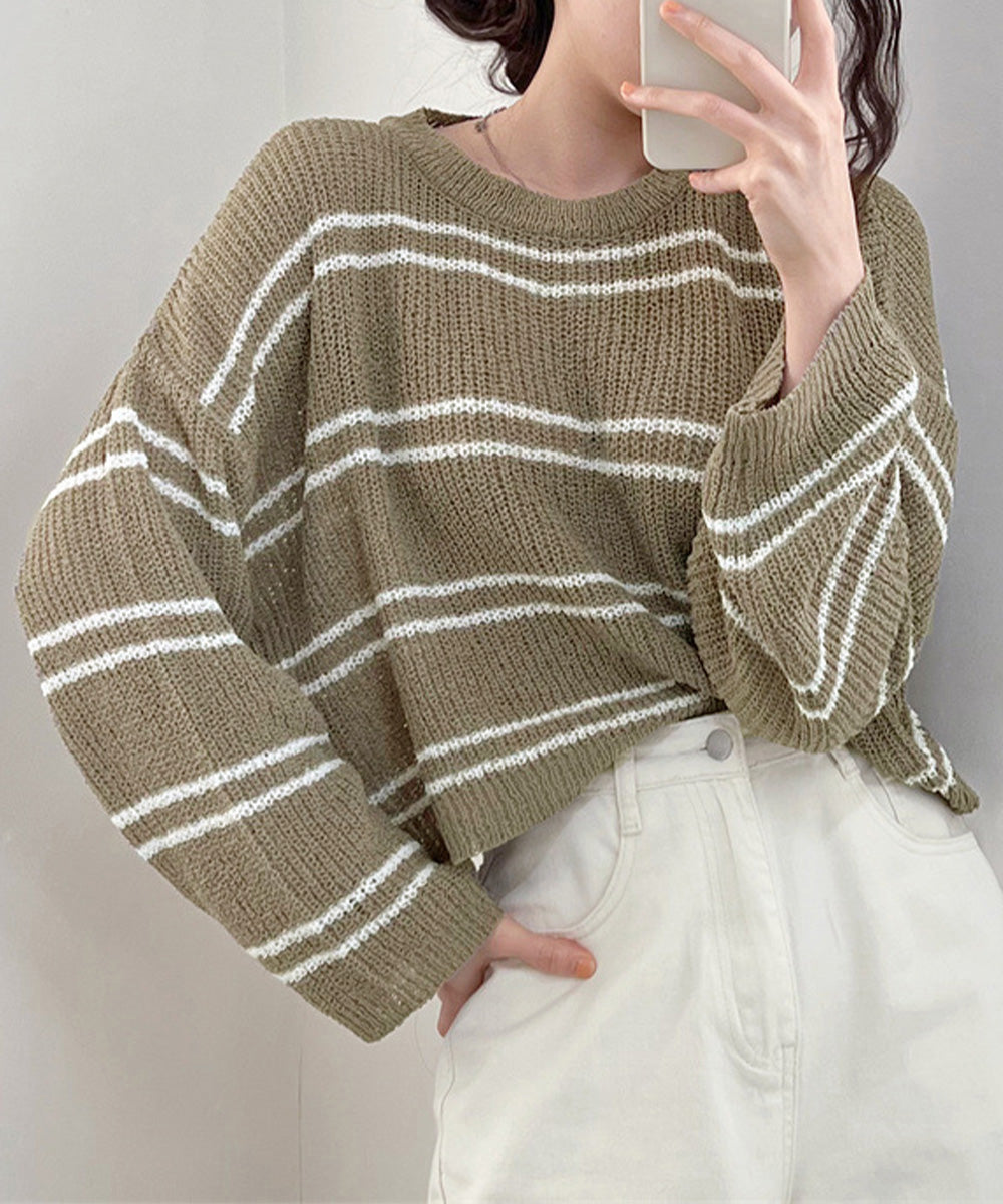 透かし編み ニットトップス ボーダー夏服 モカ