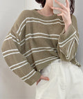 透かし編み ニットトップス ボーダー夏服 モカ