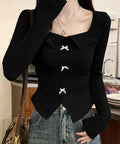 リボンニットトップス スクエアネック秋服 リブニットプルオーバーレディース セクシーニットカットソー フロントスリットニット 柔らかい大人可愛いトップス長袖 秋冬 6YULICHU-001
