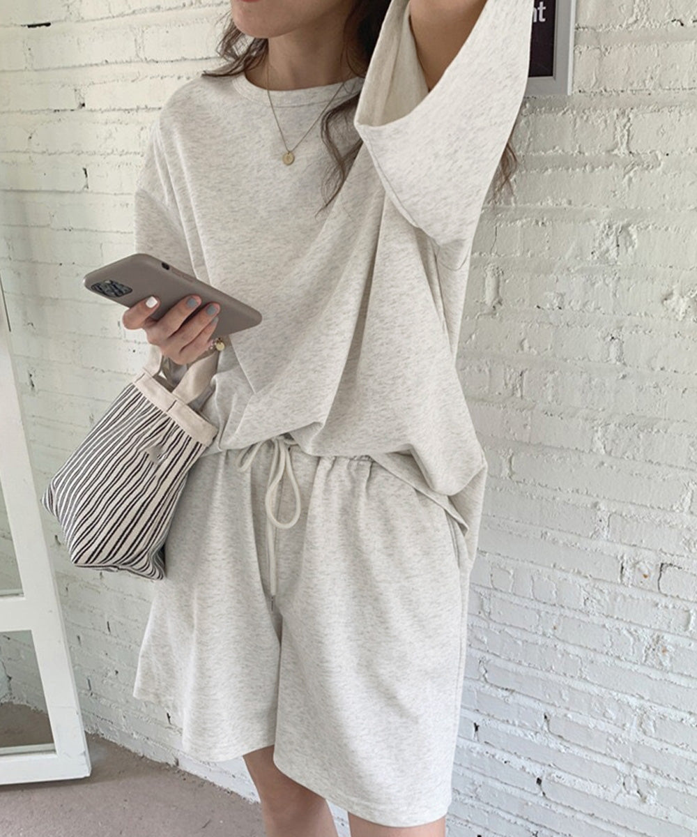 スウェットセットアップ レディース 夏服 スウェットトップス+パンツ 上下2点セット ゆったりプルオーバー 短パン カジュアルルームウェアセット リラックス部屋着 6YYG-001