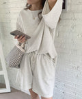 スウェットセットアップ レディース 夏服 スウェットトップス+パンツ 上下2点セット ゆったりプルオーバー 短パン カジュアルルームウェアセット リラックス部屋着 6YYG-001