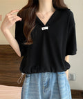 Vネックポロ襟カットソー レディース夏服 半袖ポロシャツ 着やせショート丈カットソー カジュアルスキッパーtシャツ 着回し襟付きトップス 裾ドロストTシャツ韓国風 6YYG-002