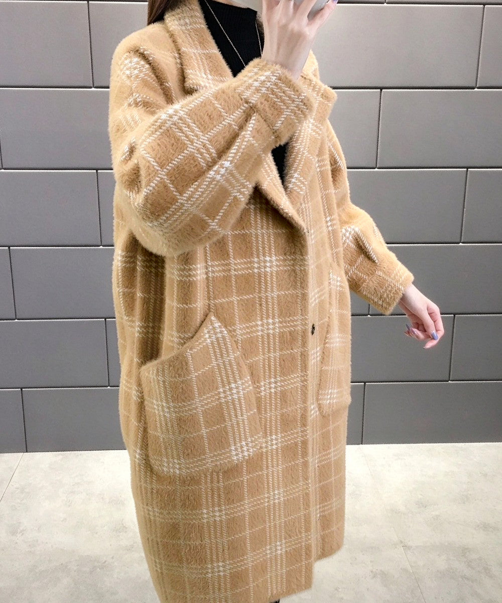 チェック柄シャギーロングチェスターコート
