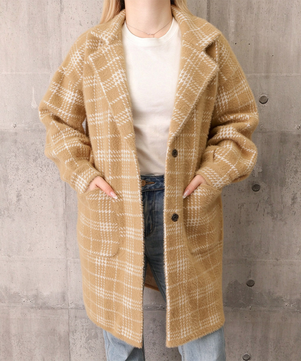 チェック柄シャギーロングチェスターコート