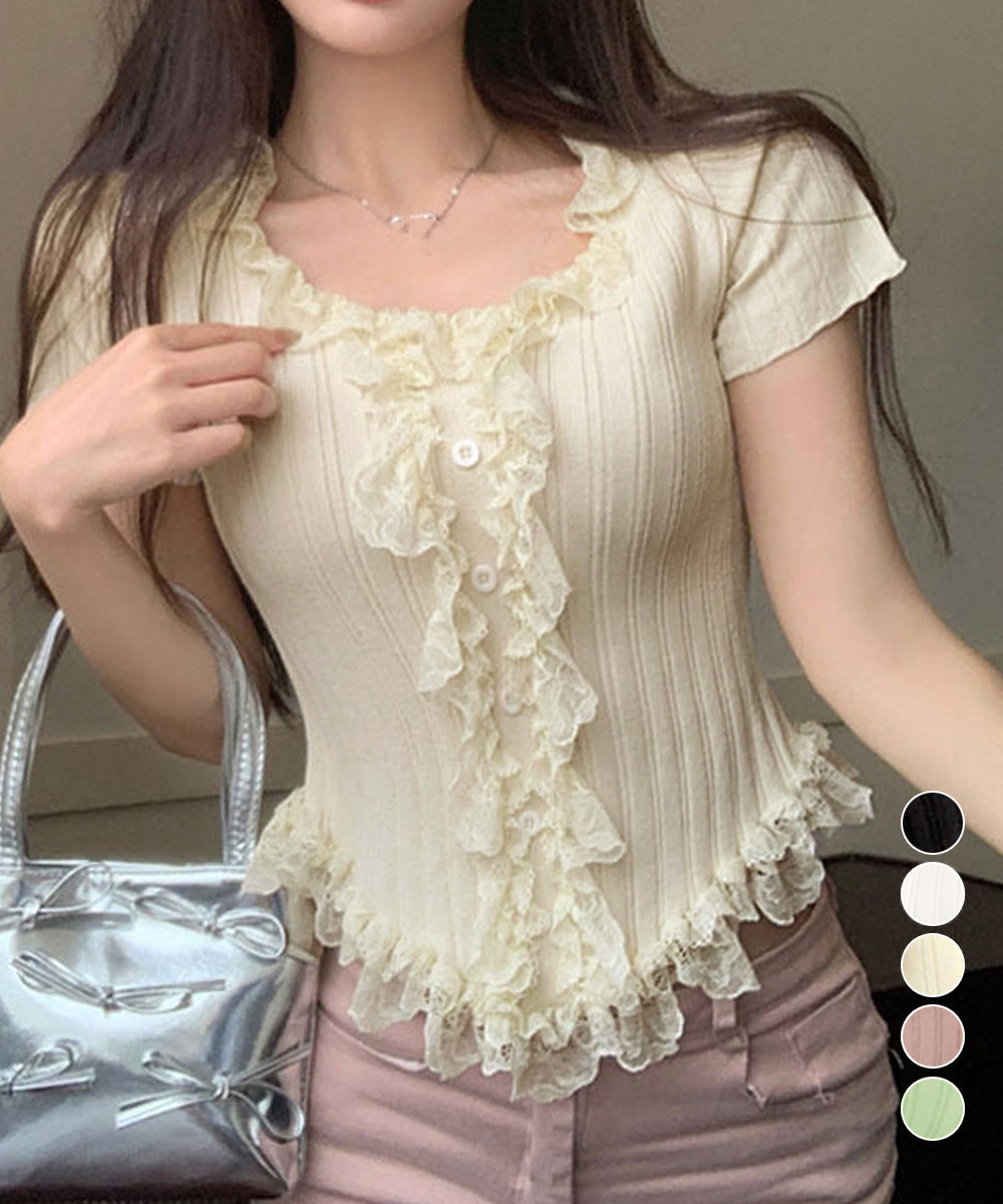 レースフリルニットトップスショート丈夏服 詳細画像1
